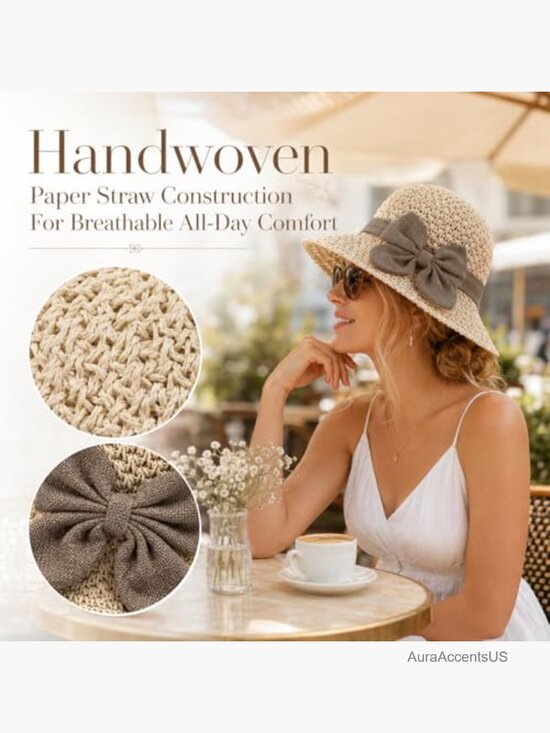 Wide Brim Straw Bucket Hat with Adjustable Drawstring & Bow  display picture 3